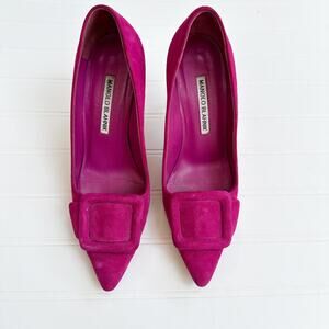 Manolo Blahnik Maysale 70 Suede Buckle Pumps Hot Pink Magenta Pointed Toe 36